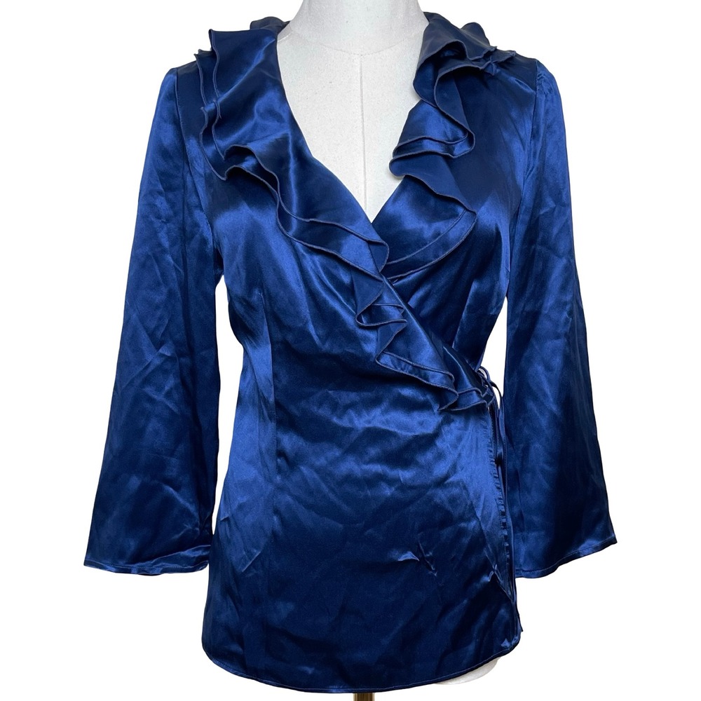 Ann Taylor Ruffle Wrap Blouse 6 Blue‎ Satin Long Sleeve V-Neck Office Career